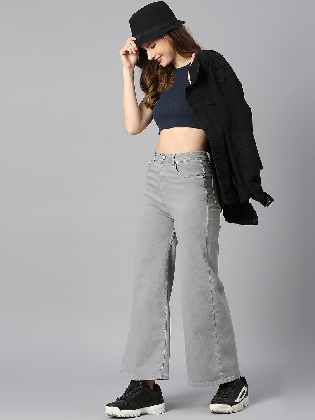 

High Star Women Grey Wide Leg High-Rise Stretchable Cotton Jeans
