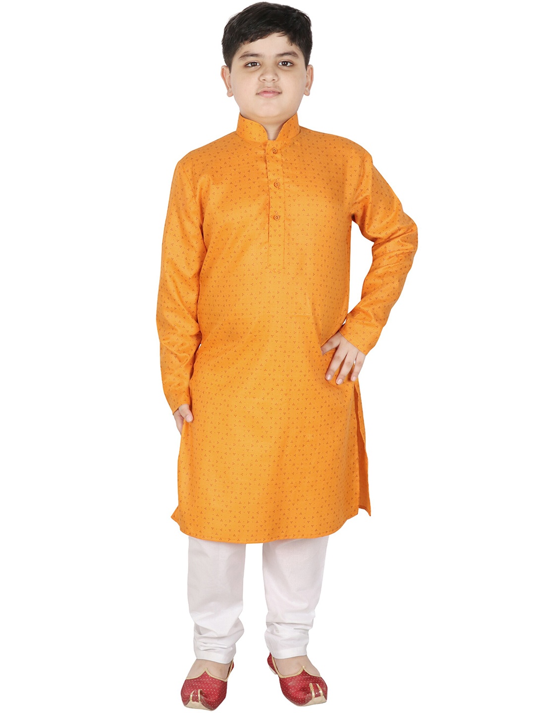 

SG YUVRAJ Boys Mustard Yellow & White Printed Pure Cotton Kurta with Pyjamas