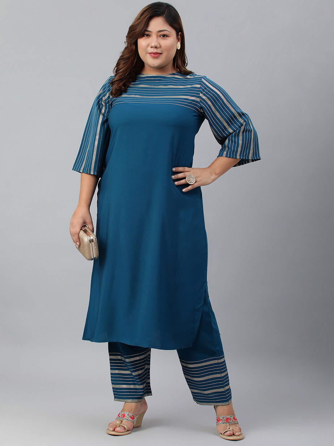 

XL LOVE by Janasya Women Plus Size Teal Printed Kurta with Trousers