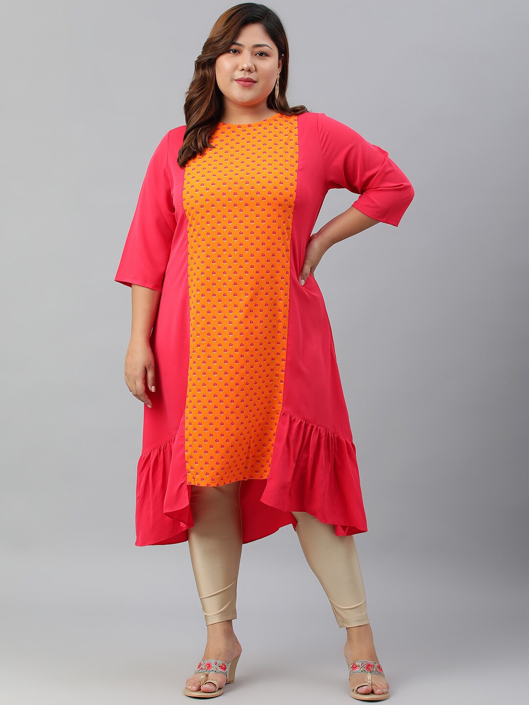 

XL LOVE by Janasya Women Pink & Orange Floral Colour blocked Floral Kurta