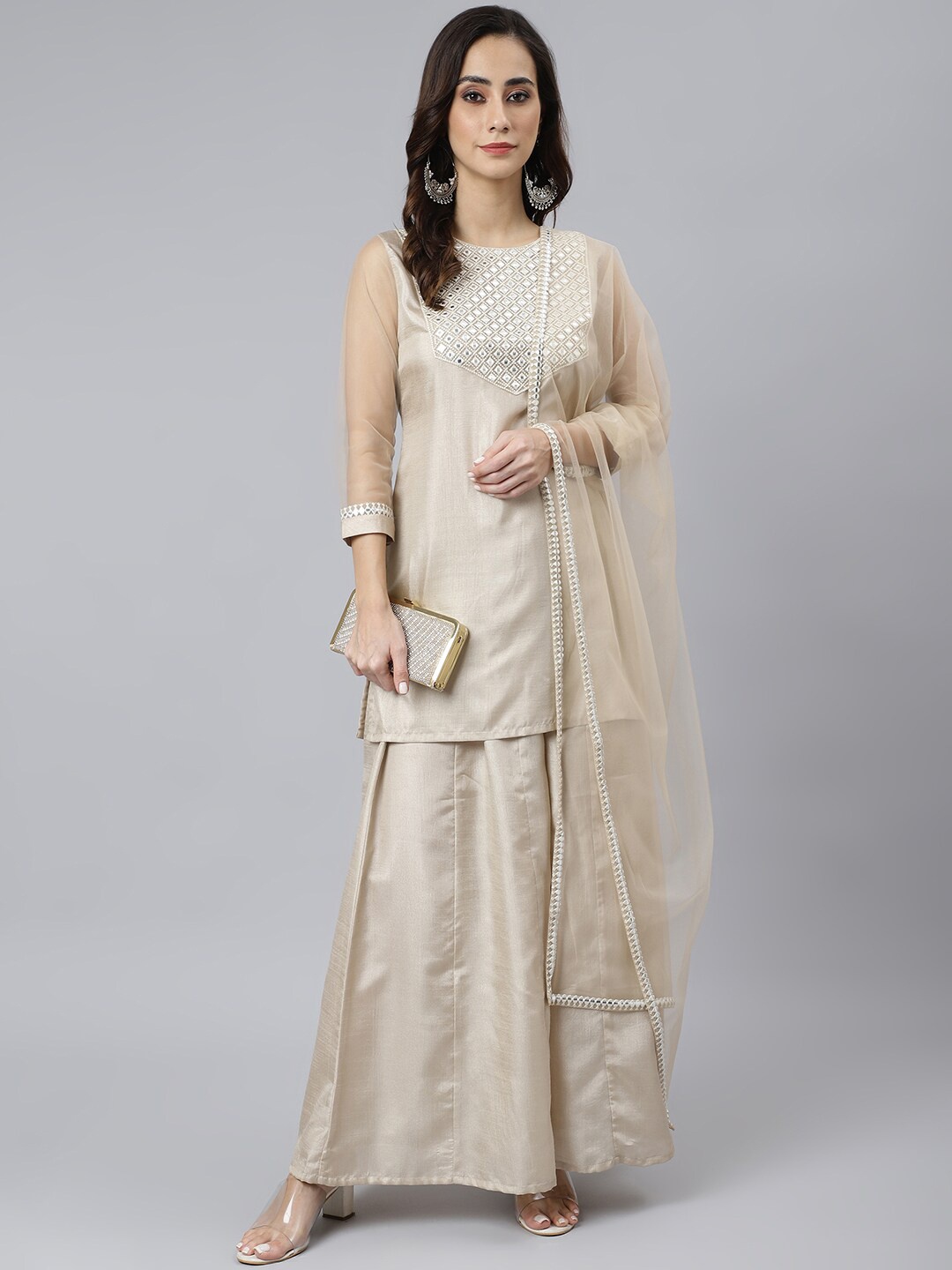 

Janasya Women Beige Embroidered Mirror Work Kurti with Palazzo & Dupatta