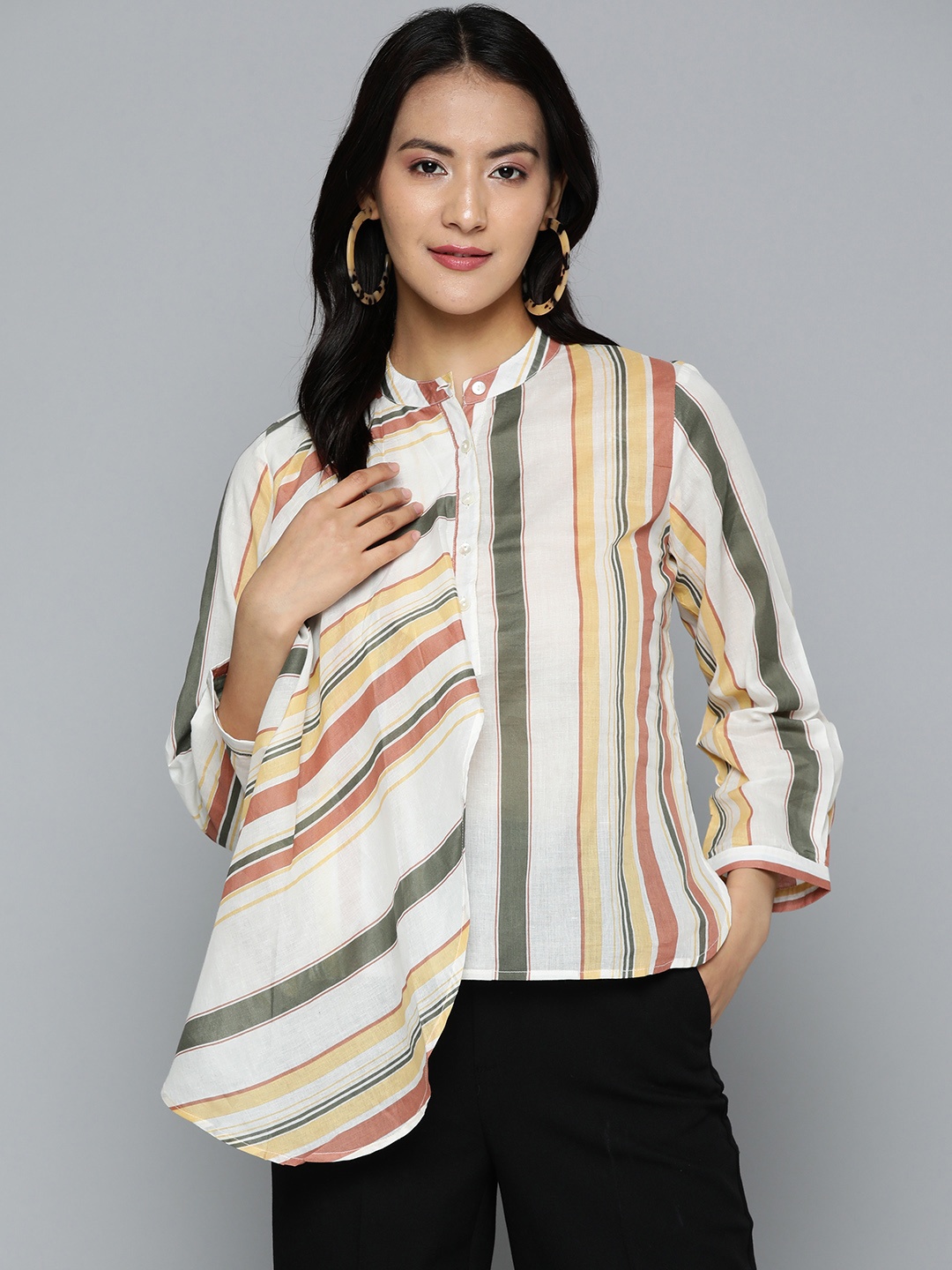 

HERE&NOW White & Rust Pure Cotton Striped Mandarin Collar Top