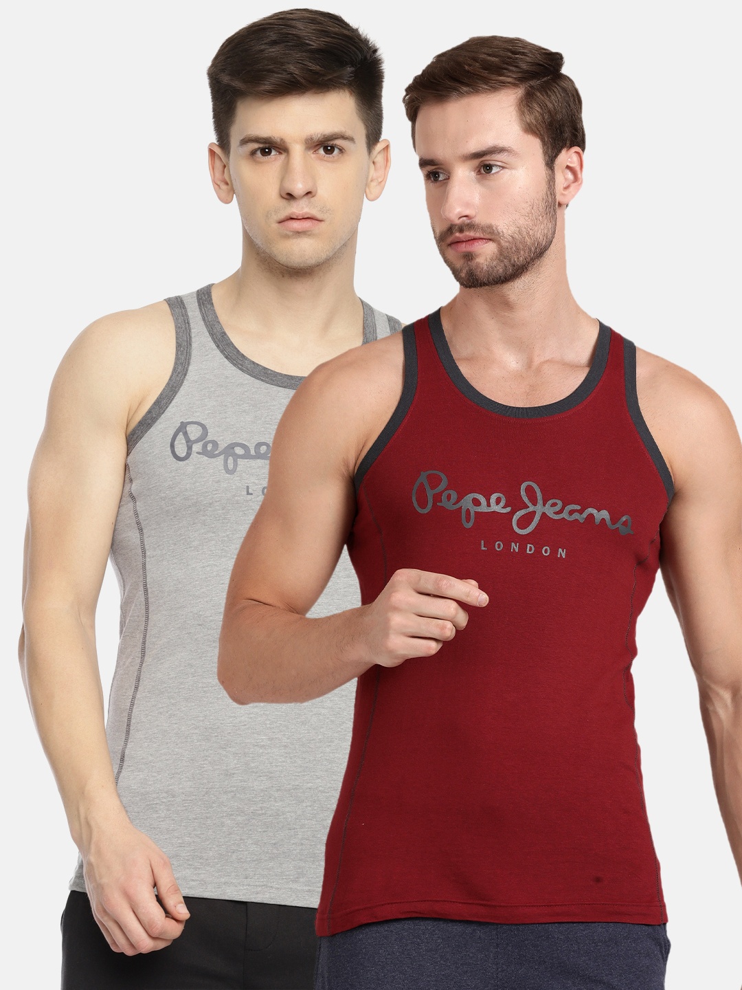 

Pepe Jeans Men Pack Of 2 Brand Logo Printed Pure Cotton Gym Vest, Red