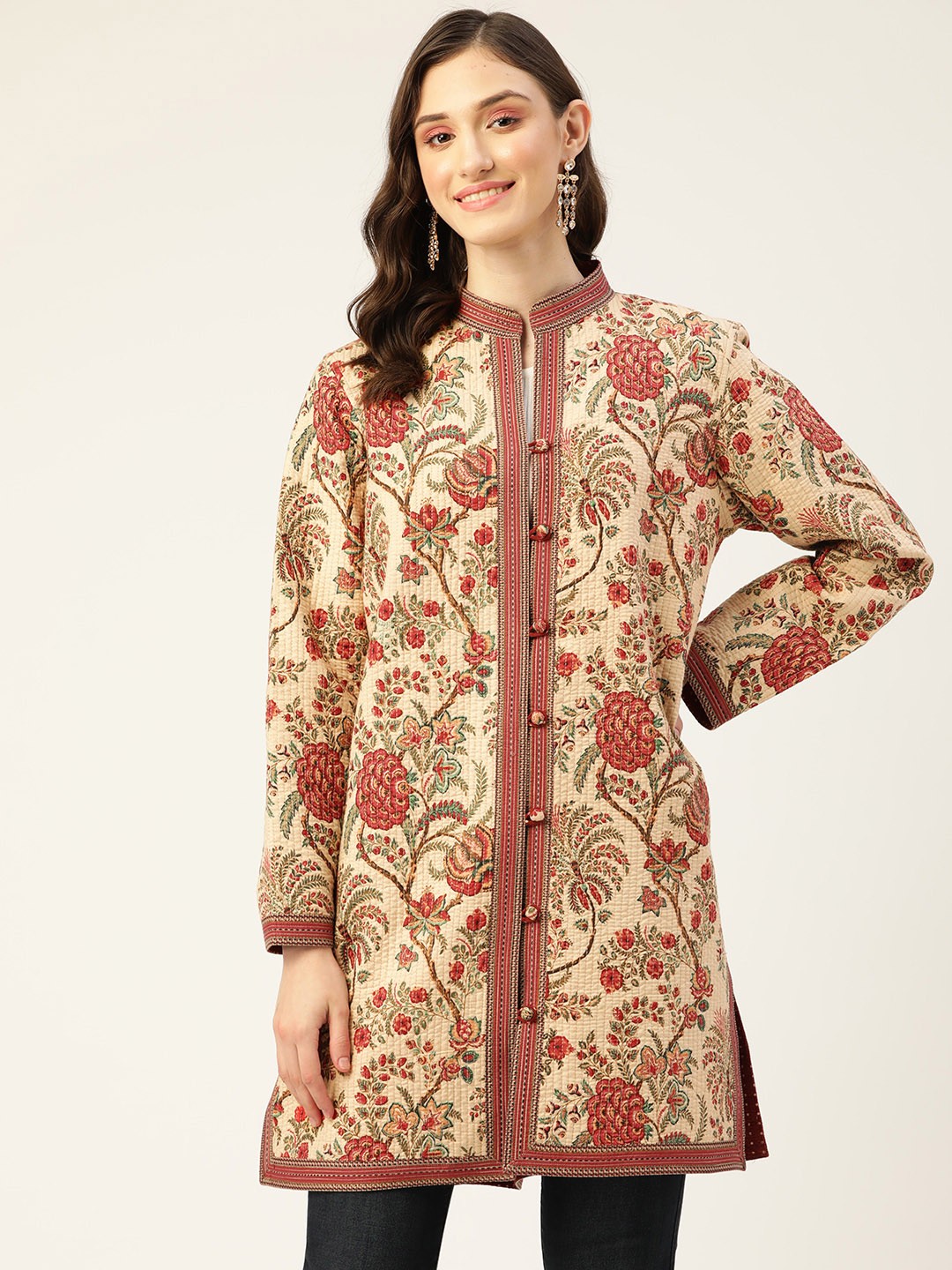 

Jaipur Morni Beige & Pink Floral Pure Cotton Kurti