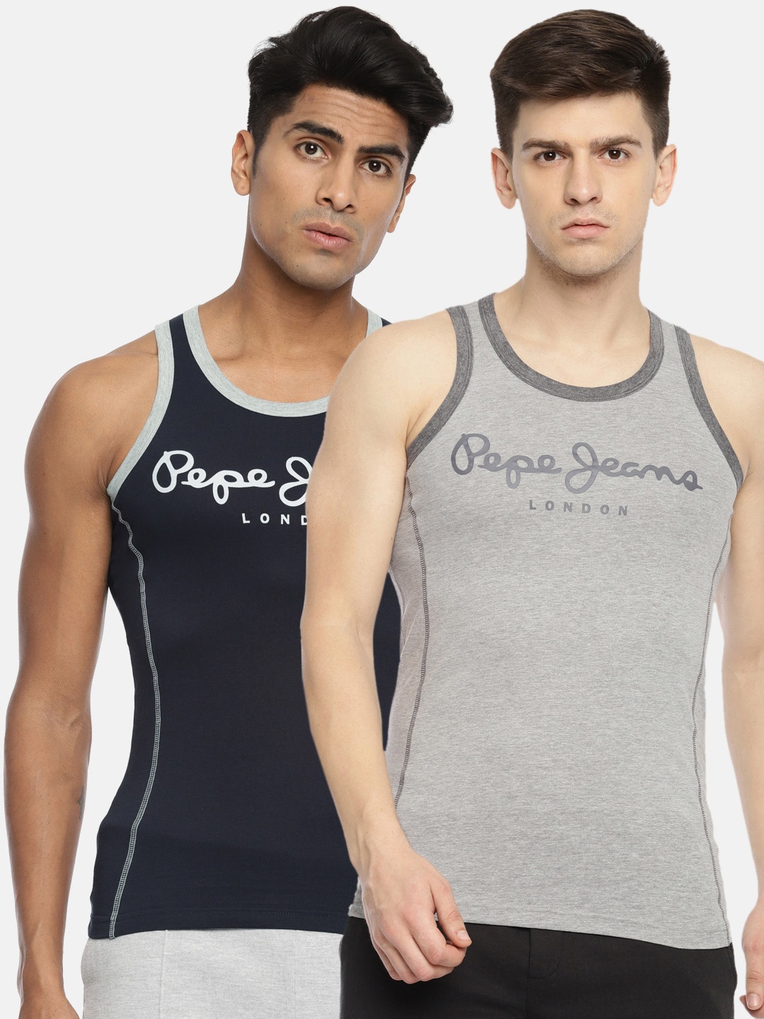 

Pepe Jeans Men Pack Of 2 Brand Logo Printed Pure Cotton Gym Vest, Navy blue