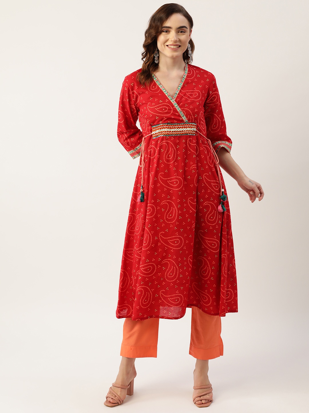 

Jaipur Morni Bandhani Print Pure Cotton Kurta with Trousers, Red