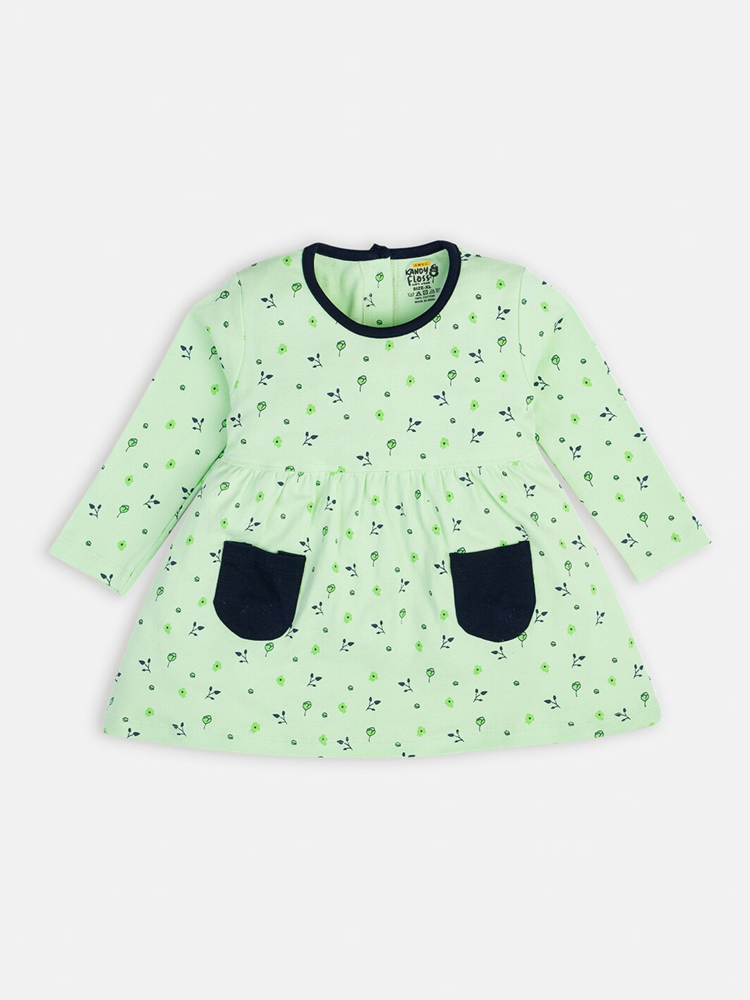 

AMUL Kandyfloss Green & Black Conversational Printed A-Line Pure Cotton Dress