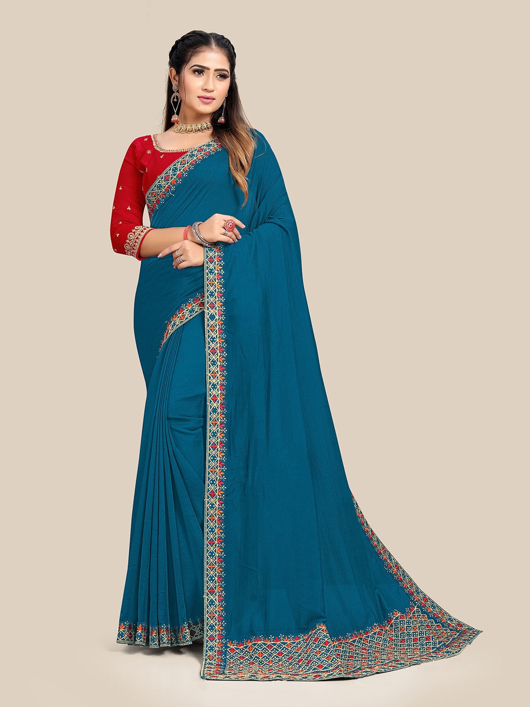 

UNITED LIBERTY Teal & Red Embroidered Silk Blend Banarasi Saree
