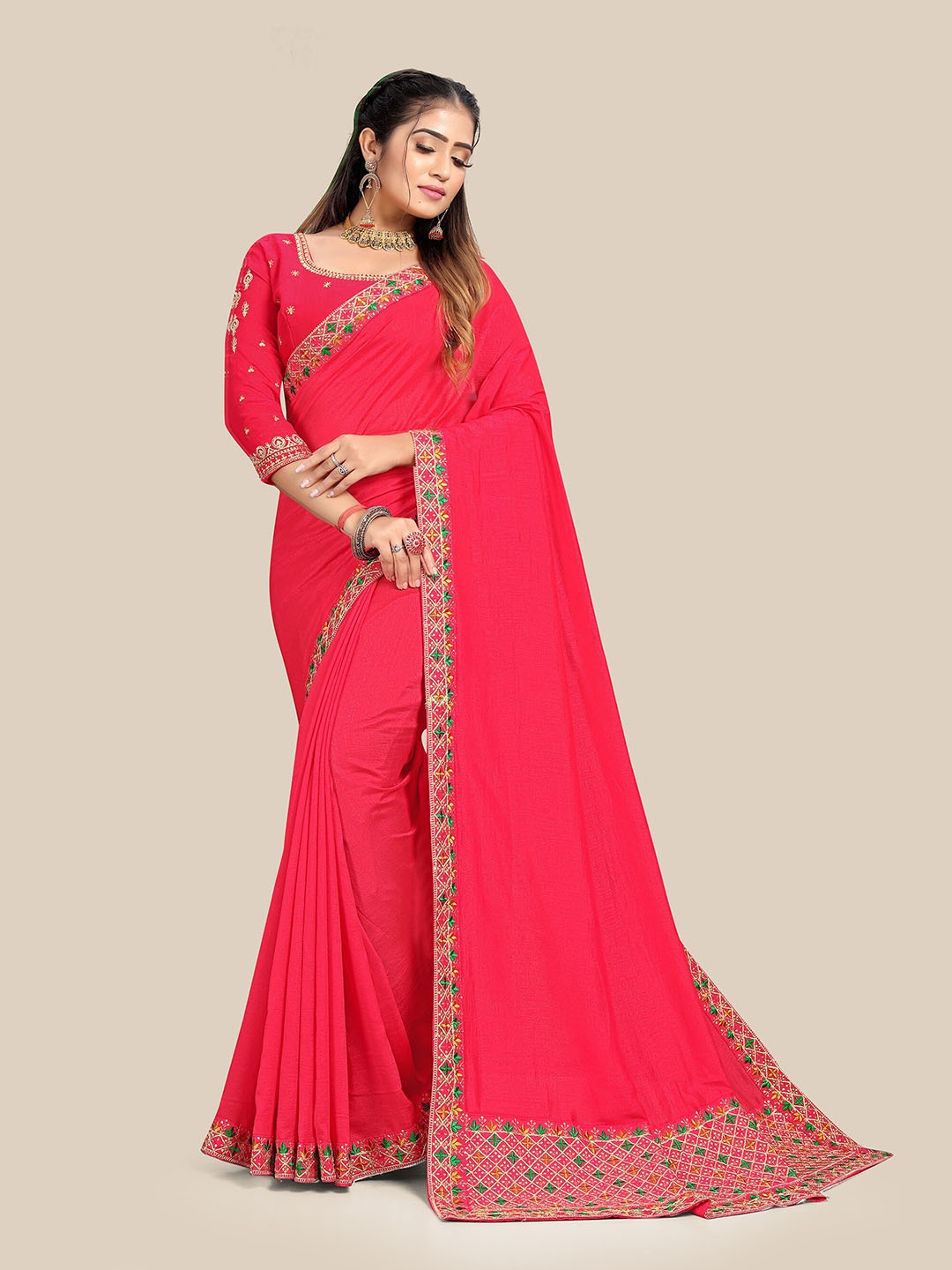 

UNITED LIBERTY Pink & Green Embroidered Silk Blend Banarasi Saree