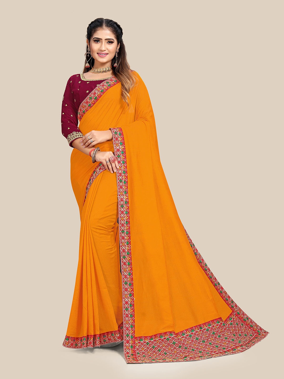 

UNITED LIBERTY Orange & White Embroidered Silk Blend Banarasi Saree