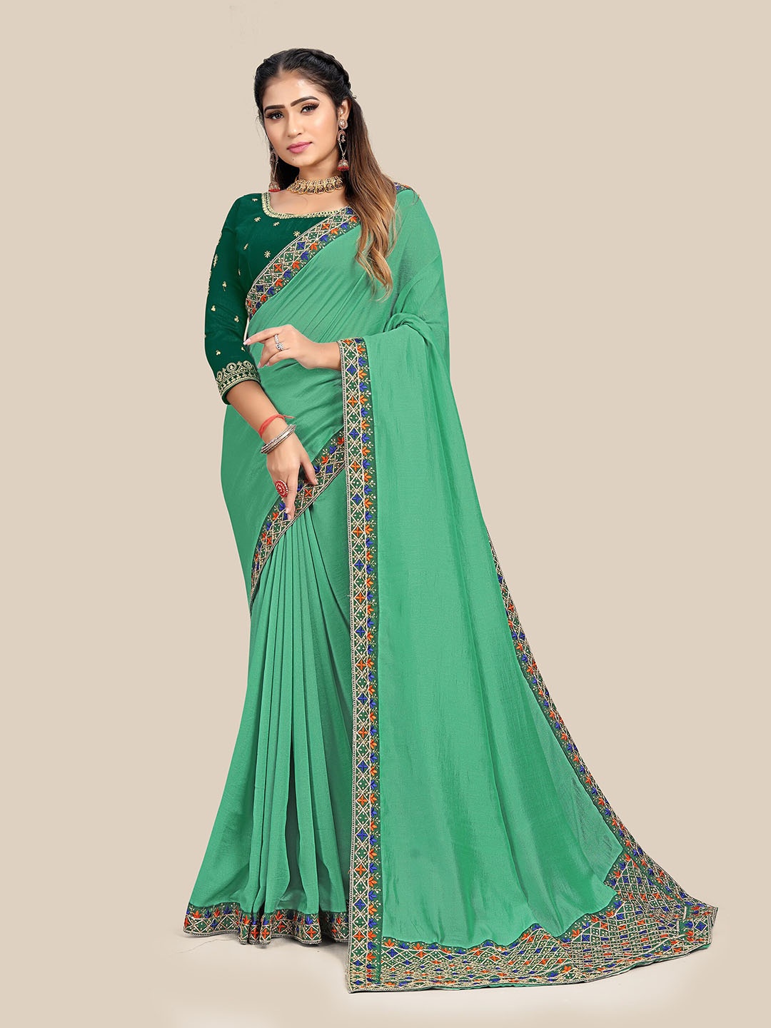 

UNITED LIBERTY Sea Green & Blue Embroidered Silk Blend Banarasi Saree