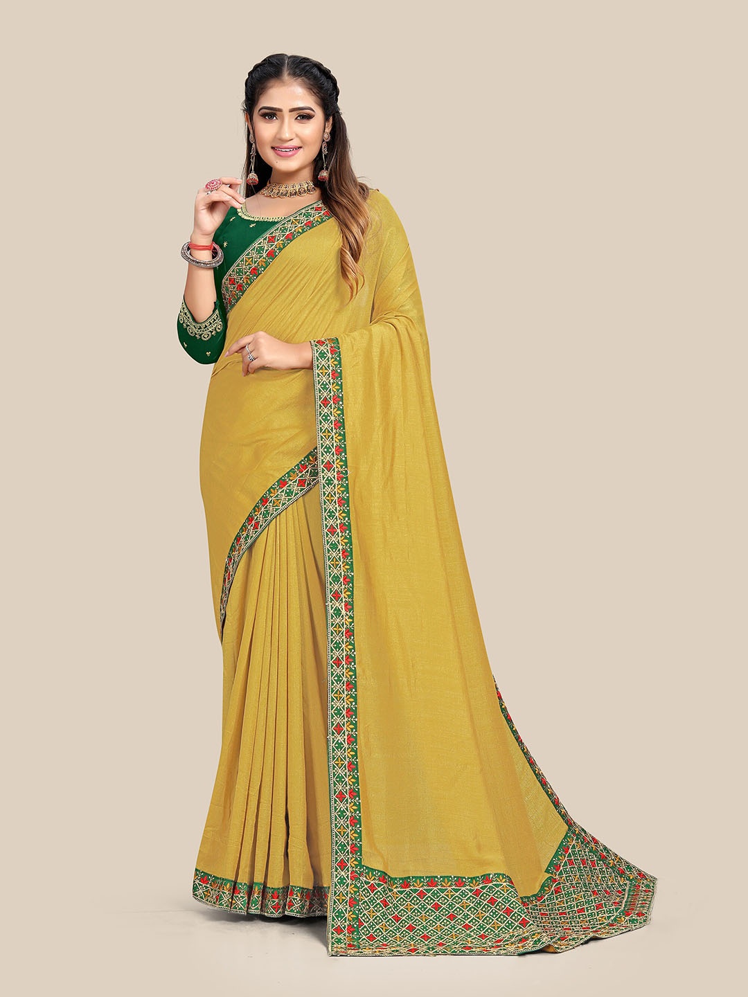 

UNITED LIBERTY Olive Green & Green Embroidered Silk Blend Banarasi Saree