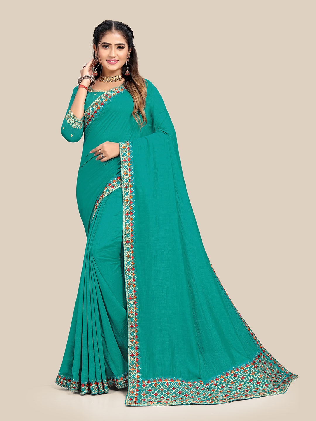 

UNITED LIBERTY Turquoise Blue & Gold-Toned Embroidered Silk Blend Banarasi Saree