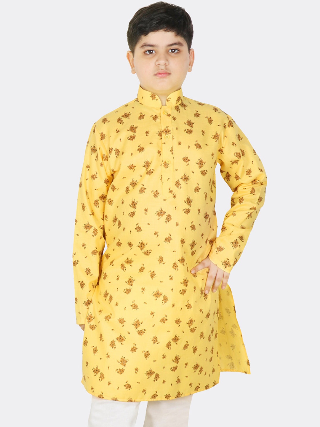 

SG YUVRAJ Boys Mandarin Collar Floral Printed Pure Cotton Kurta, Yellow