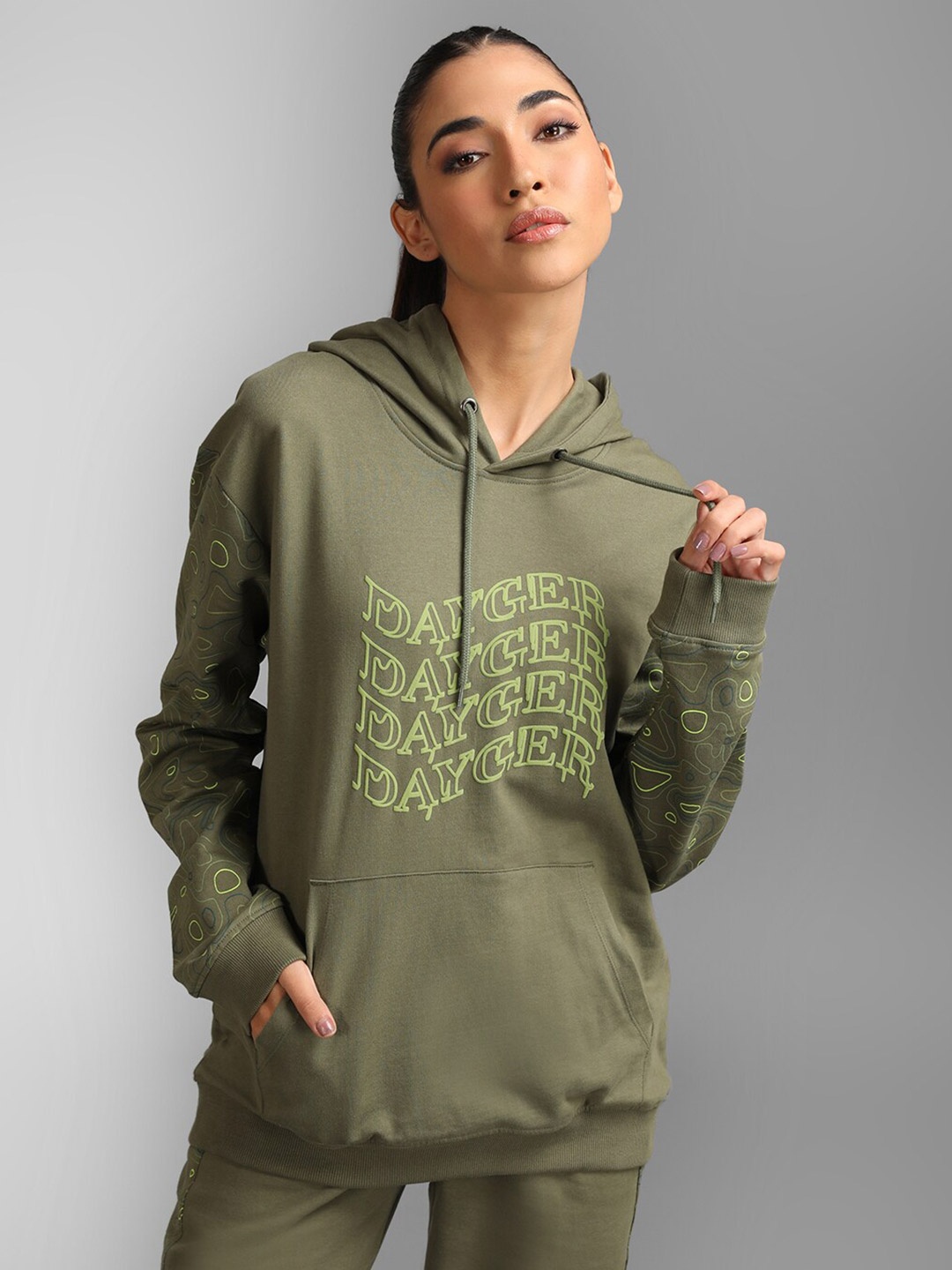 

KZ07 By Kazo Women Olive Green Printed Hooded Cotton Sweatshirt