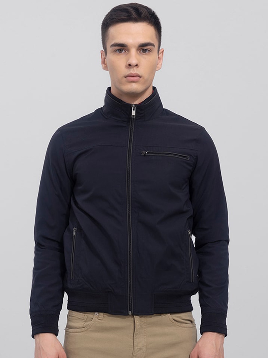 

Snitch Men Blue Colourblocked Bomber Jacket, Navy blue