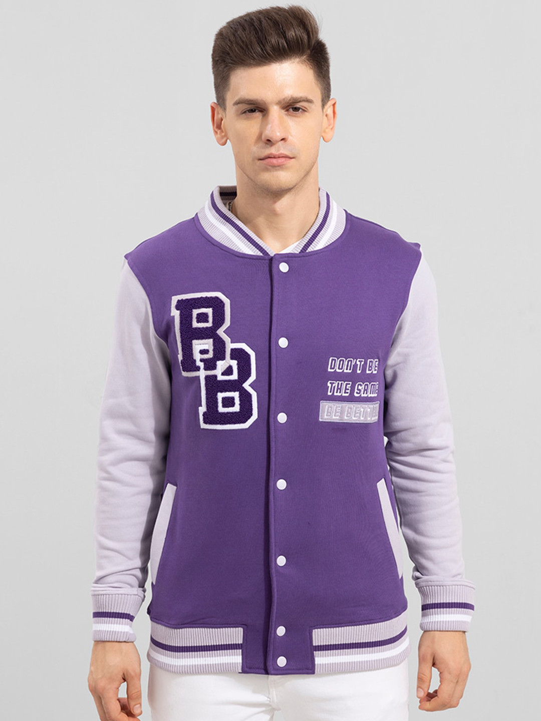

Snitch Men Purple Typography Varsity Jacket