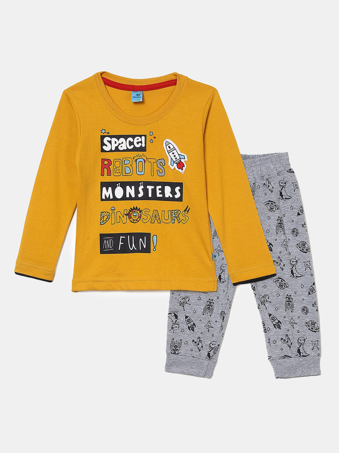 

V-Mart Kids Mustard & Green Printed Pure Cotton T-shirt with Pyjamas