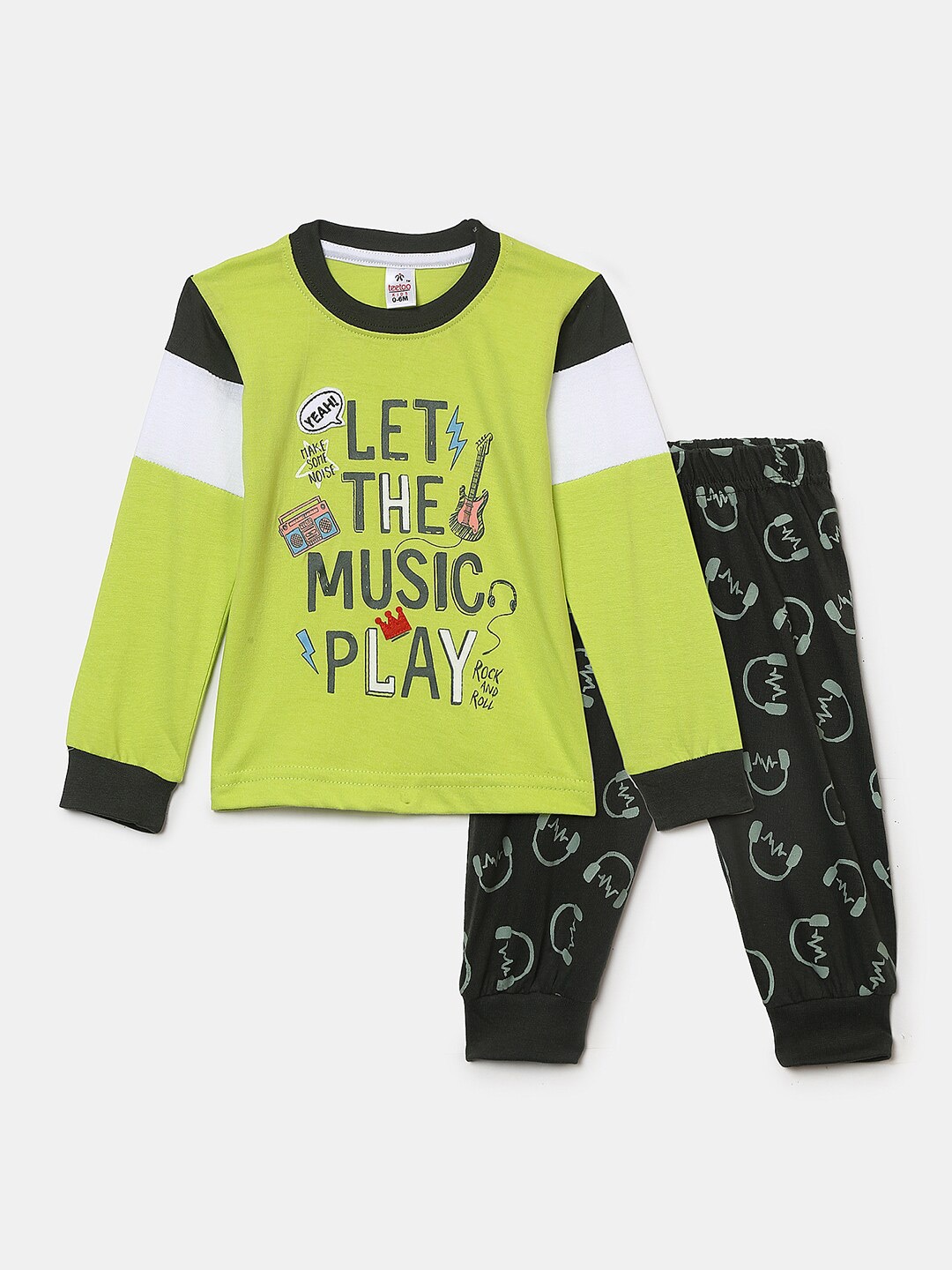 

V-Mart Kids Green & Black Printed Pure Cotton Top with Pyjamas