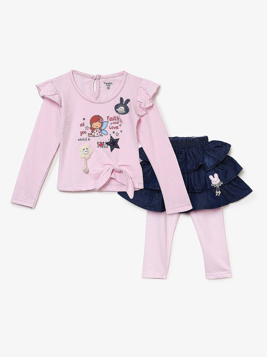 

V-Mart Girls Pink & Navy Blue Printed Pure Cotton Top with Pyjamas