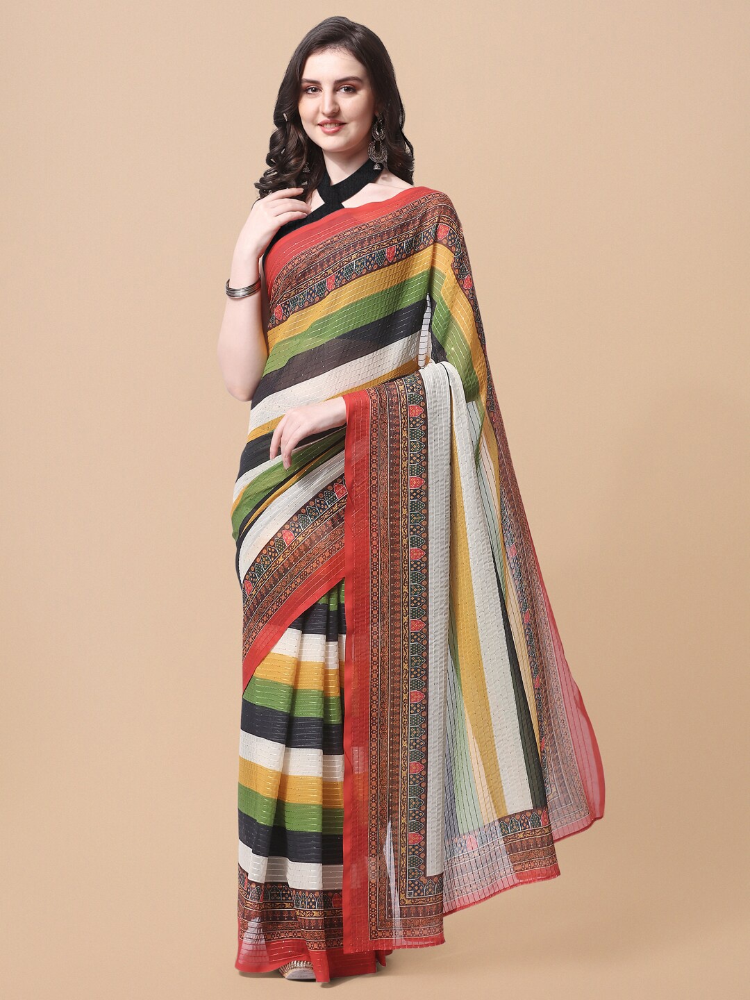 

MIRCHI FASHION Green & Red Striped Sequinned Saree