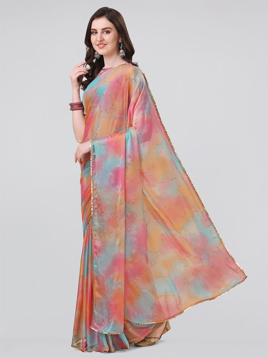 

KALINI Orange & Pink Tie and Dye Sequinned Saree