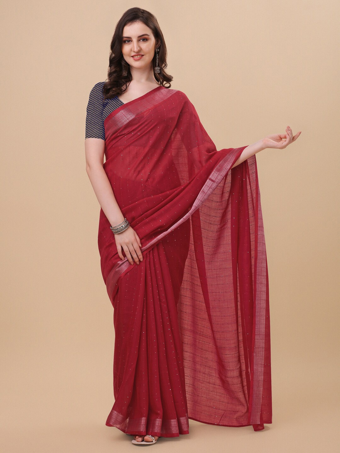 

KALINI Maroon & Silver-Toned Embellished Zari Saree