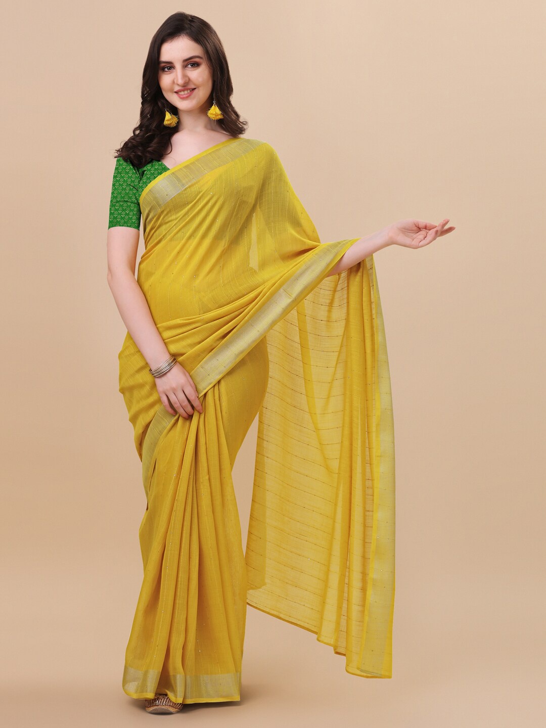 

MIRCHI FASHION Yellow & Gold-Toned Embellished Sequinned Saree