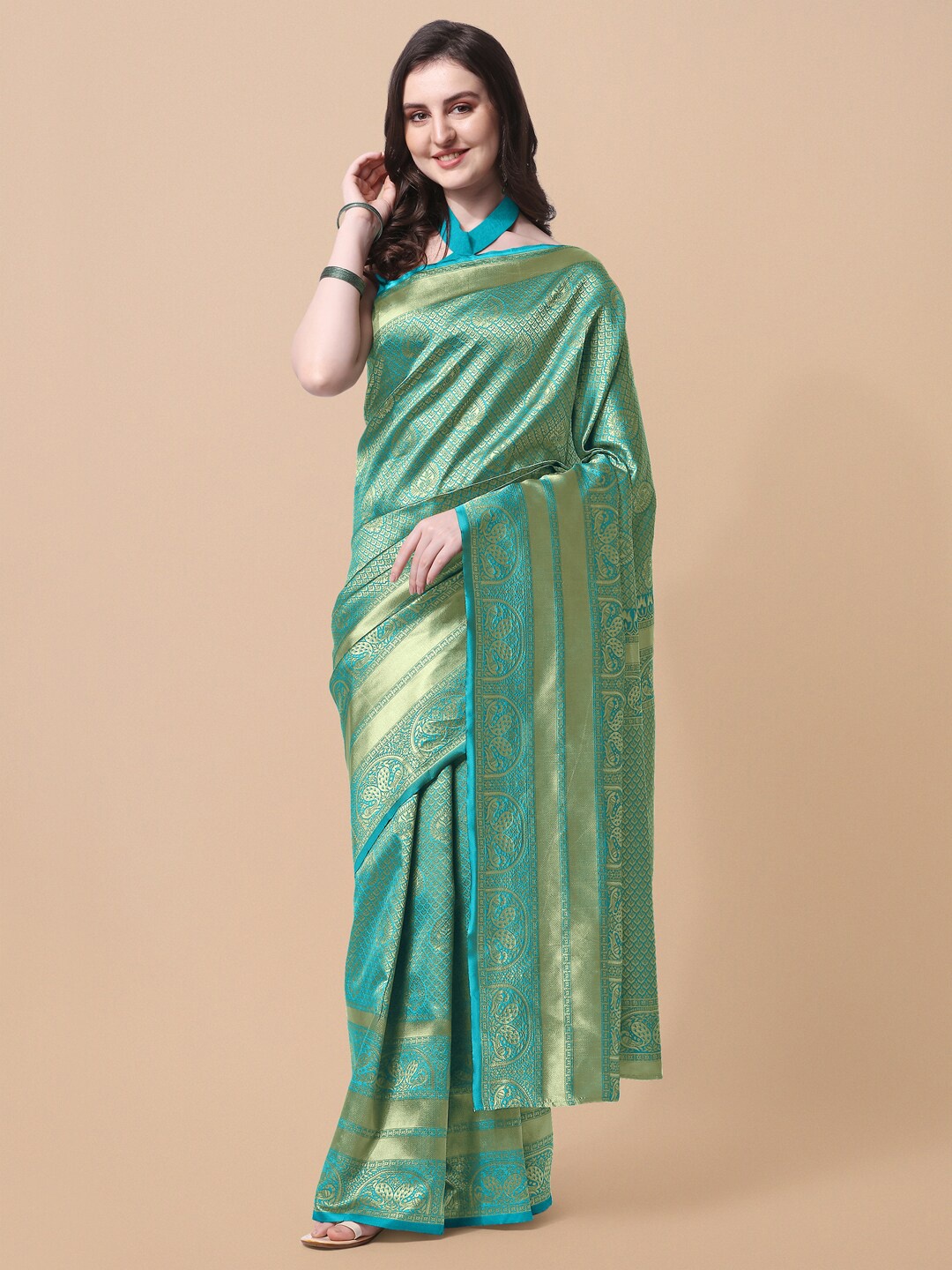 

MIRCHI FASHION Turquoise Blue & Gold-Toned Woven Design Zari Silk Blend Banarasi Saree