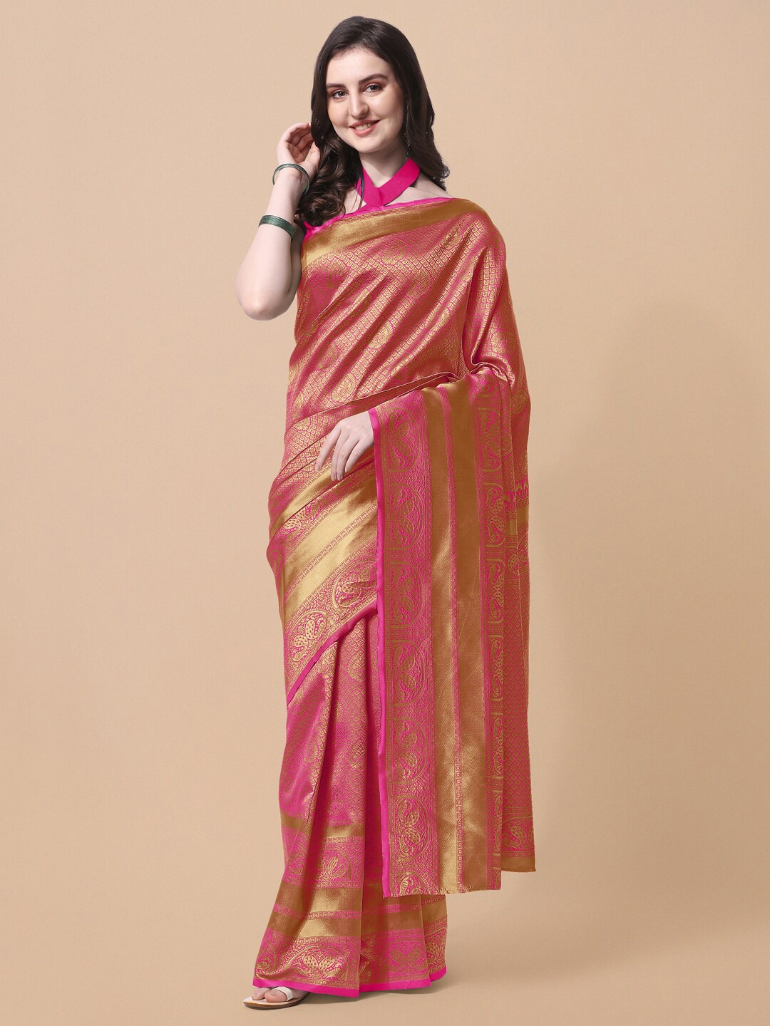 

MIRCHI FASHION Pink & Gold-Toned Ethnic Motifs Zari Banarasi Saree