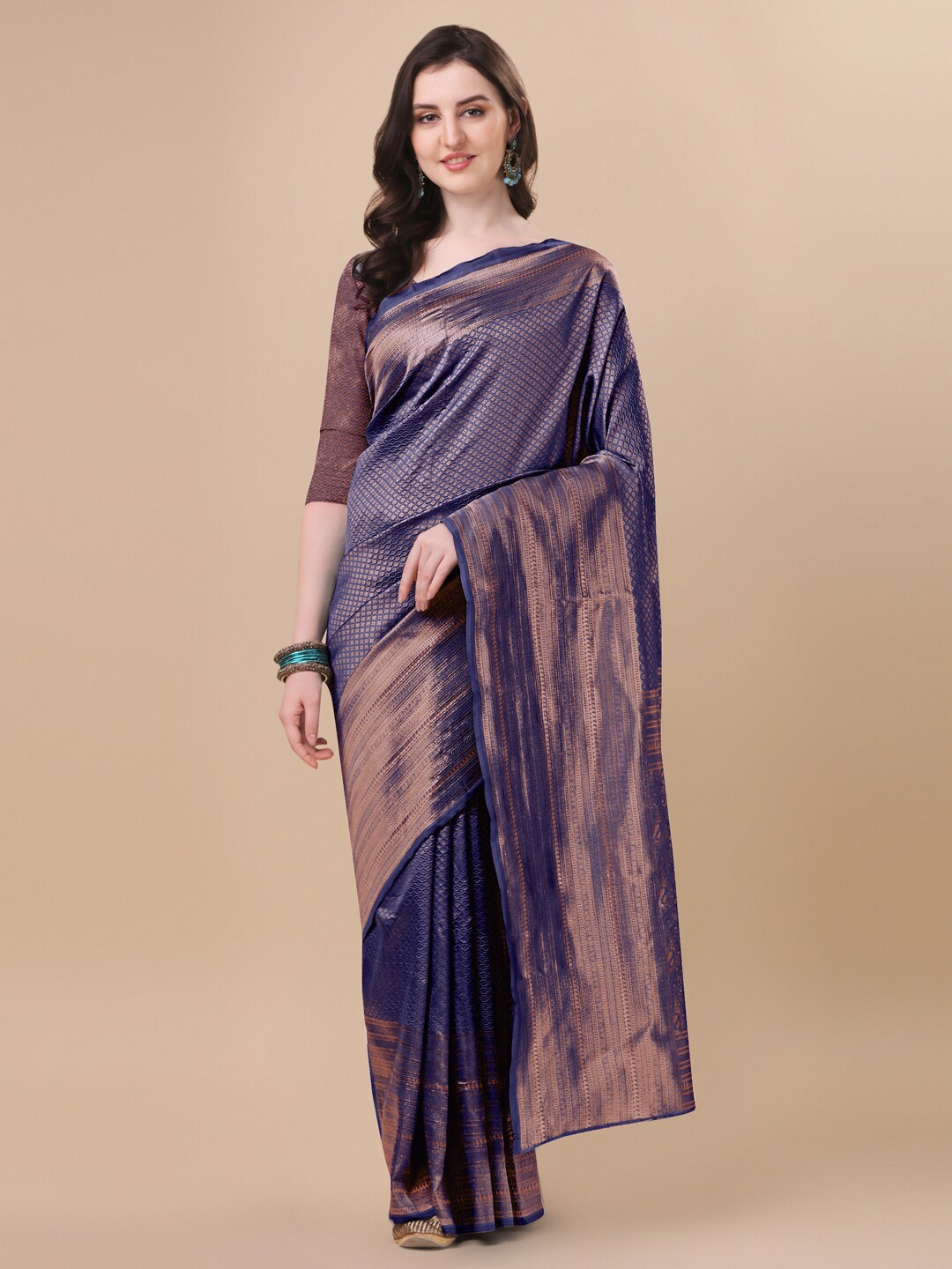 

MIRCHI FASHION Navy Blue & Gold-Toned Ethnic Motifs Zari Banarasi Saree