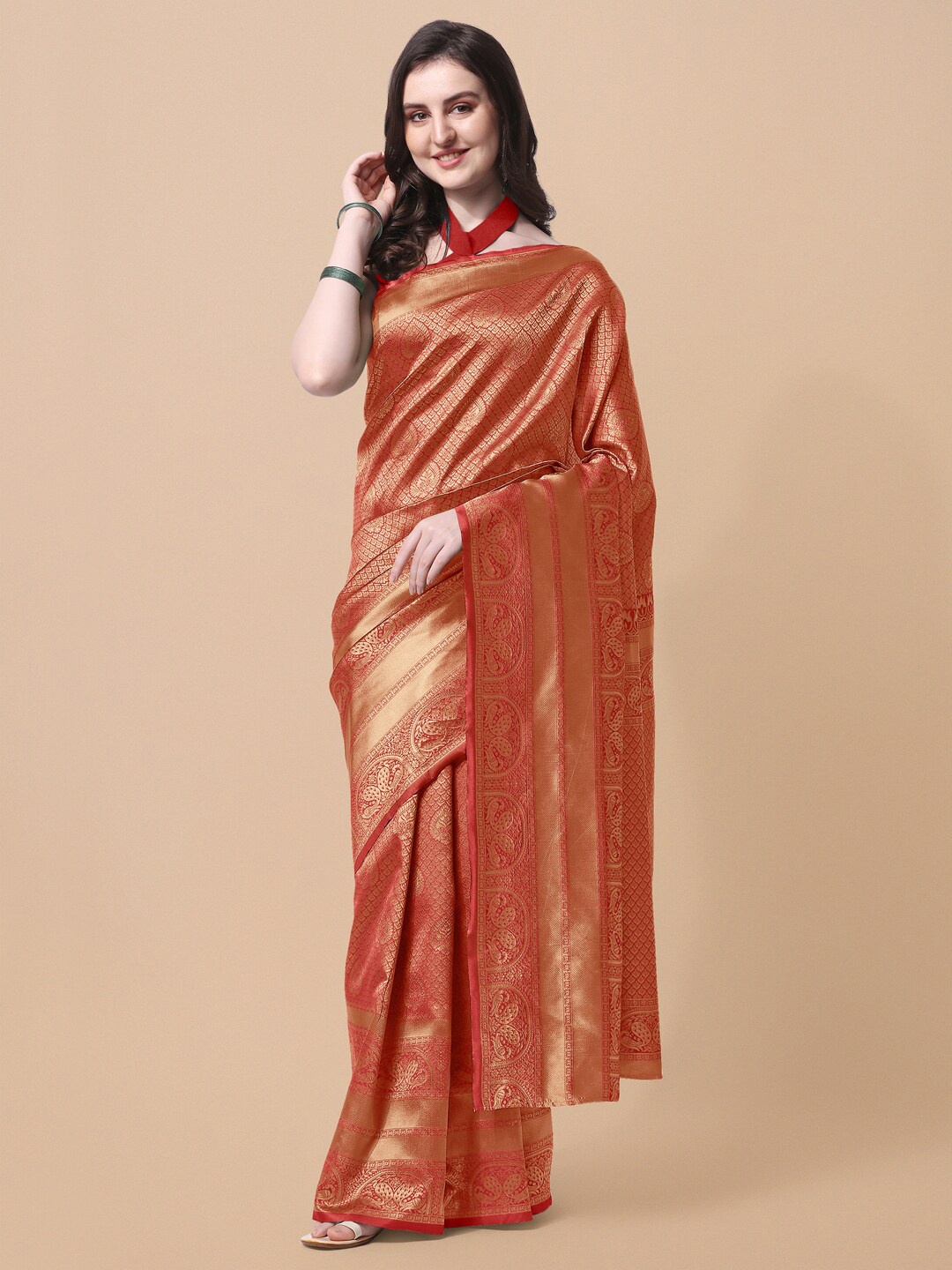 

MIRCHI FASHION Red & Gold-Toned Ethnic Motifs Zari Banarasi Saree
