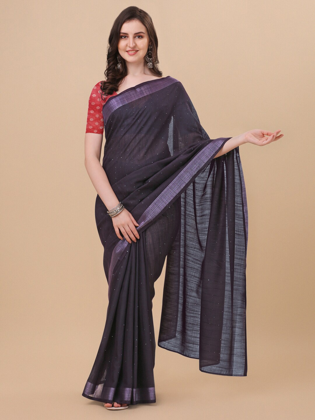 

KALINI Purple & Silver-Toned Embellished Zari Saree