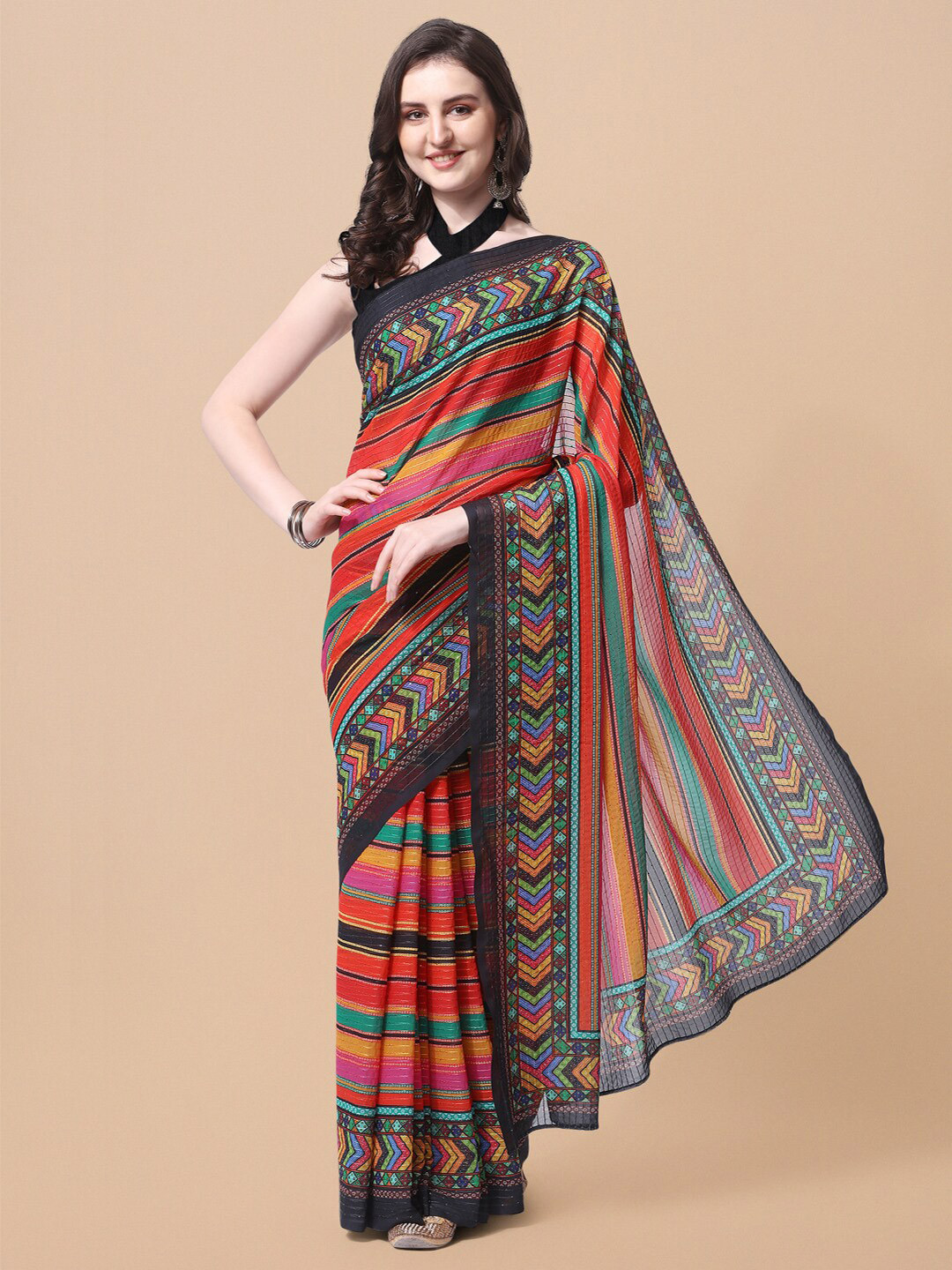 

MIRCHI FASHION Orange & Blue Striped Sequinned Saree