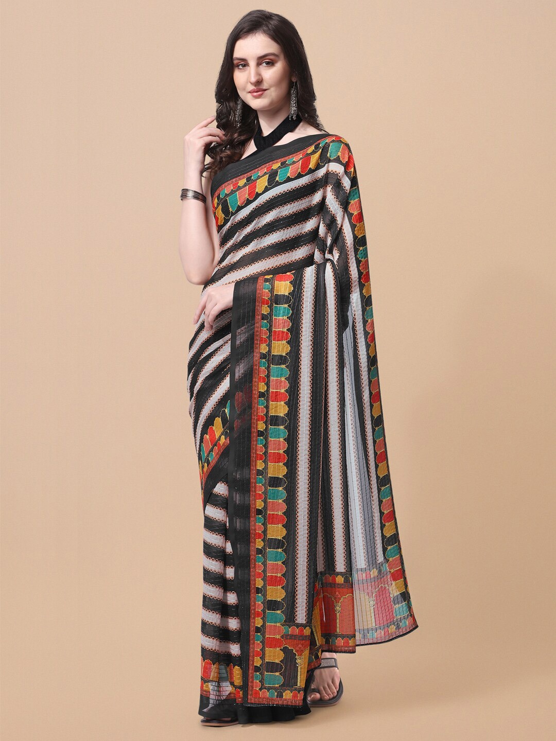 

MIRCHI FASHION Black & Off White Striped Sequinned Saree