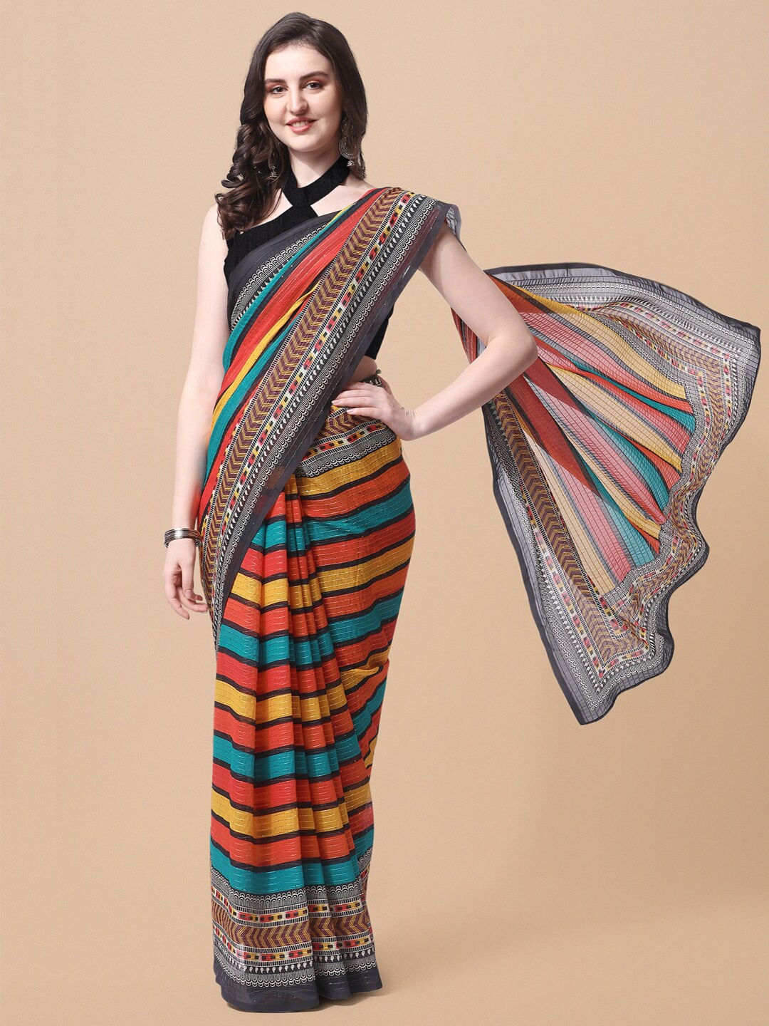 

MIRCHI FASHION Turquoise Blue & Yellow Striped Sequinned Saree