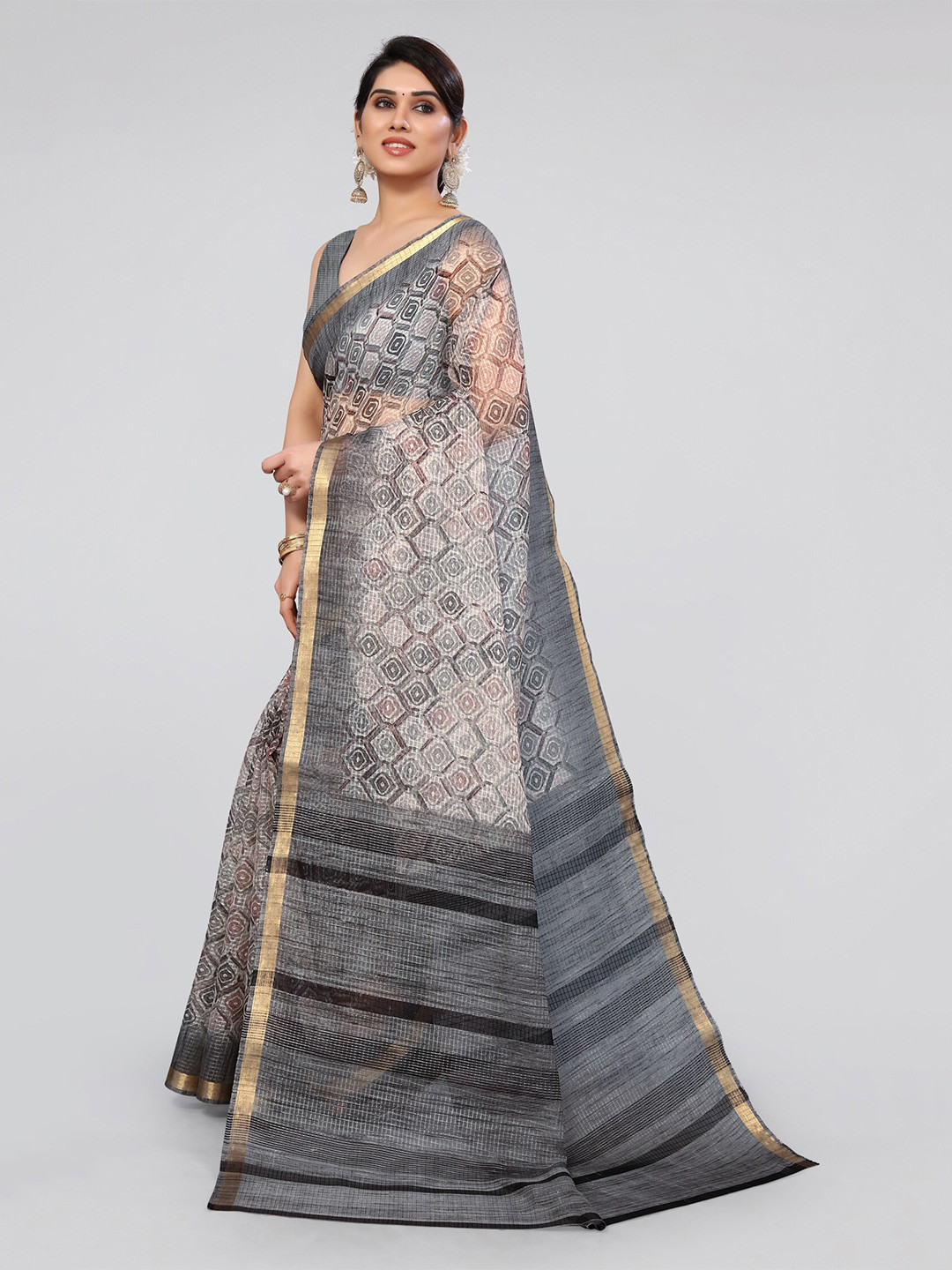 

KALINI Grey & Gold-Toned Zari Organza Saree
