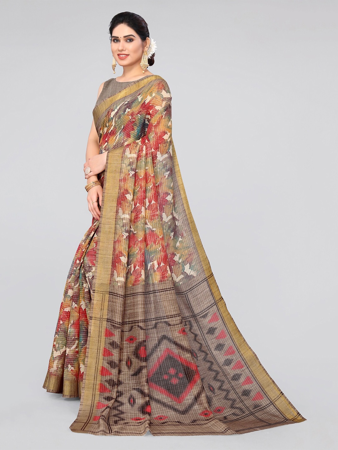 

MIRCHI FASHION Cream-Coloured & Pink Floral Zari Saree