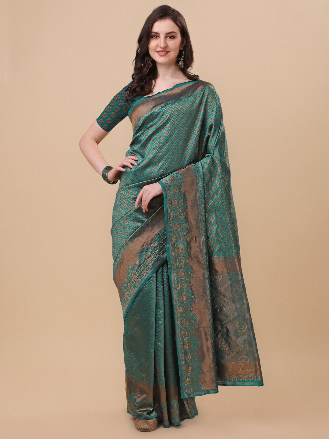 

MIRCHI FASHION Teal & Copper-Toned Ethnic Motifs Zari Banarasi Saree