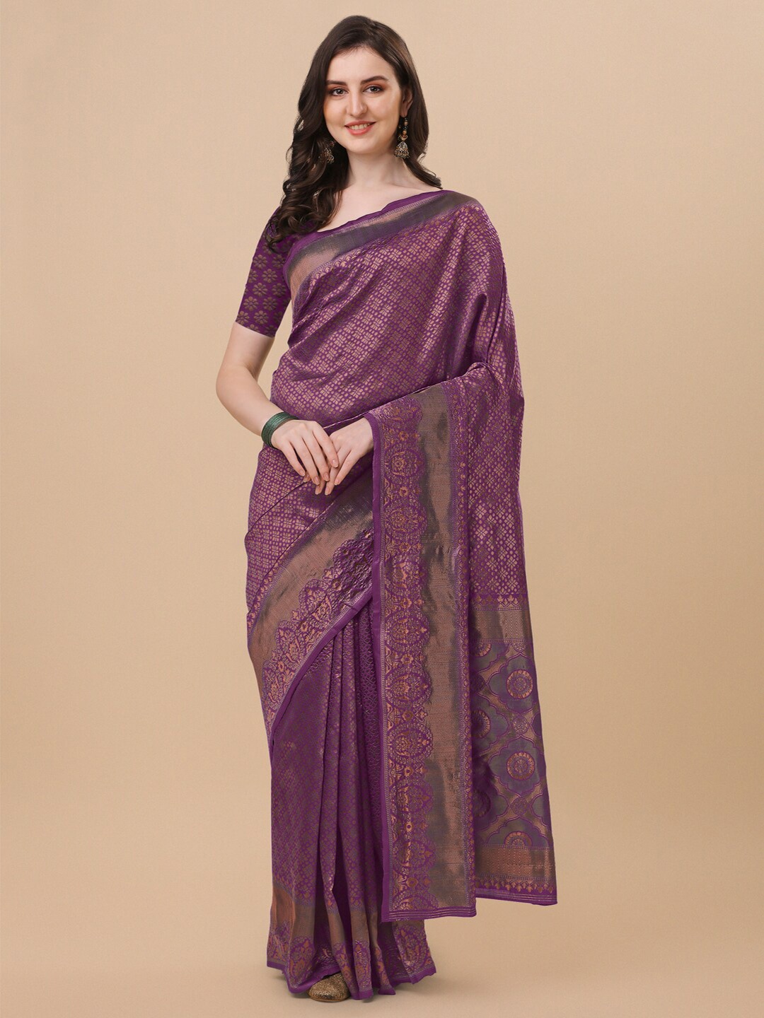 

MIRCHI FASHION Purple & Gold-Toned Floral Zari Banarasi Saree