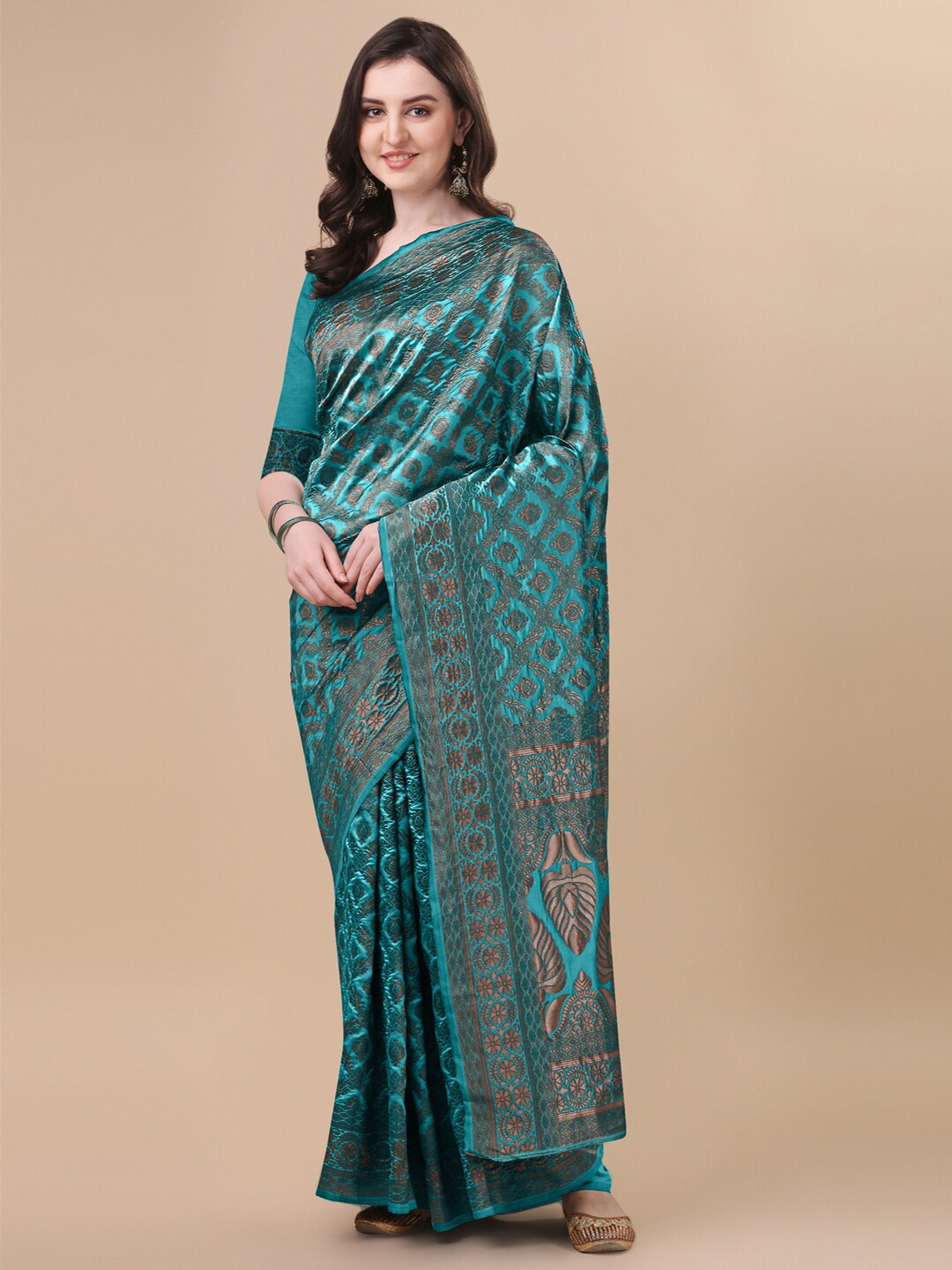 

KALINI Turquoise Blue & Gold-Toned Ethnic Motifs Zari Banarasi Saree