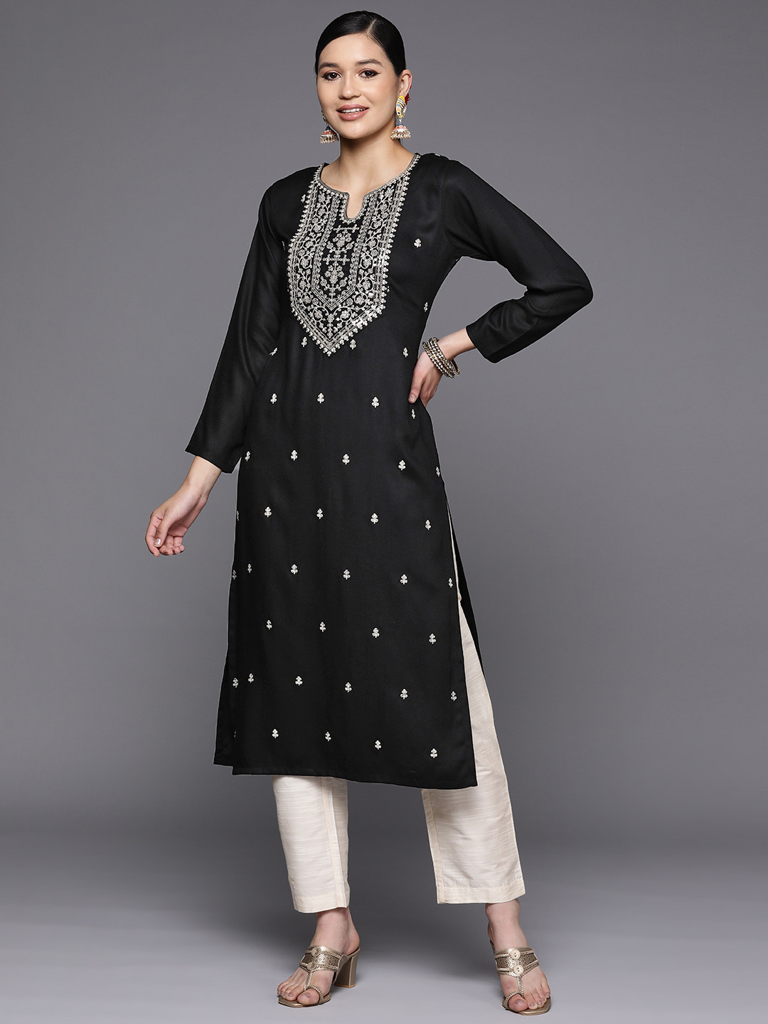 

Libas Women Black Pashmina Wool Floral Sequins Embroidered Yoke Detail Straight Kurta