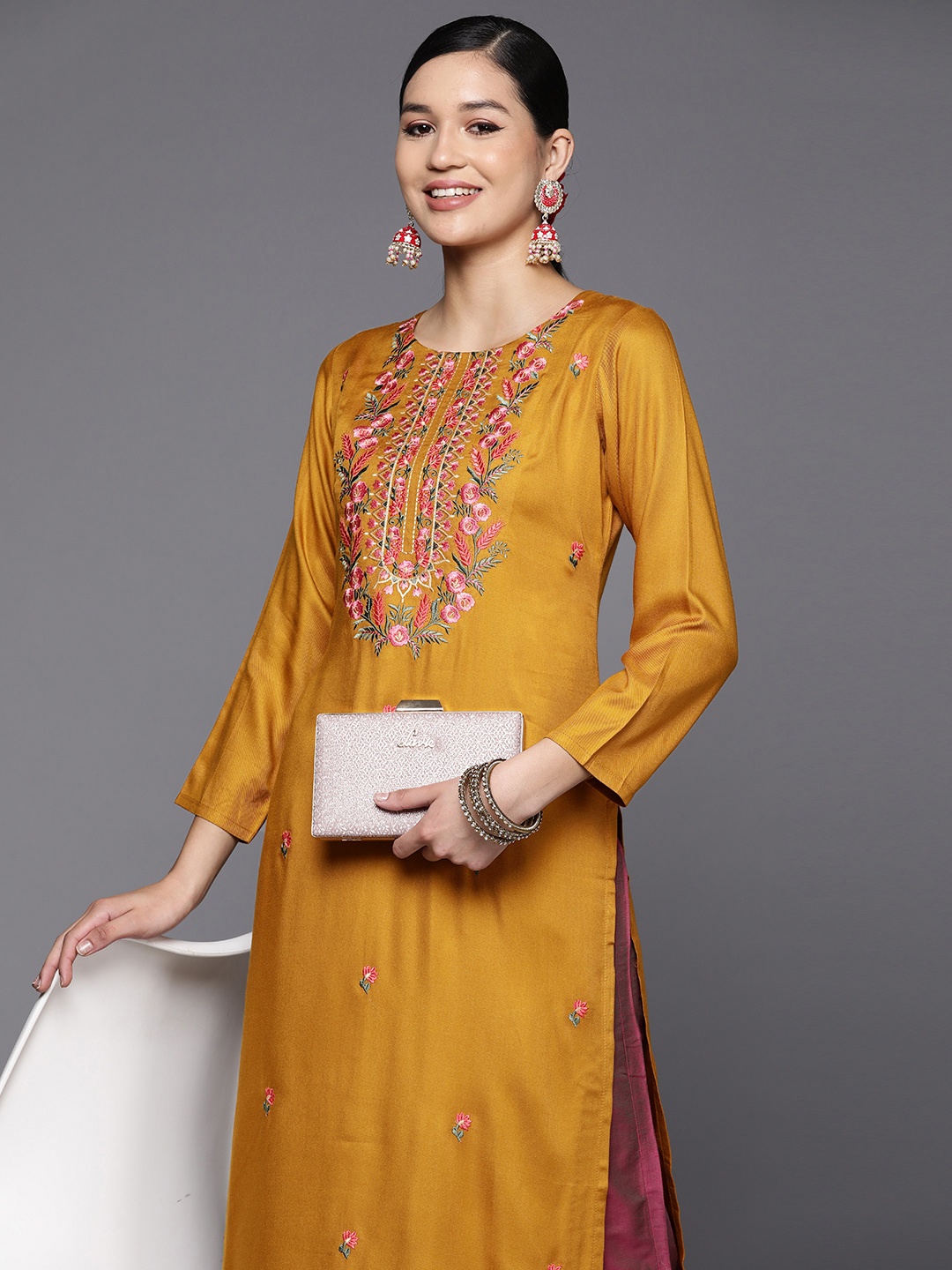 

Libas Women Mustard Yellow Pashmina Wool Embroidered Straight Kurta