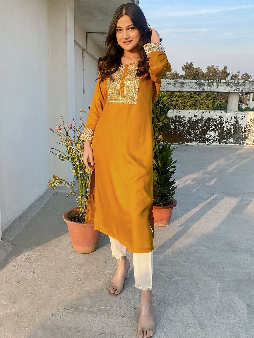 

Libas Women Mustard Yellow Pashmina Wool Floral Embroidered Yoke Detail Straight Kurta