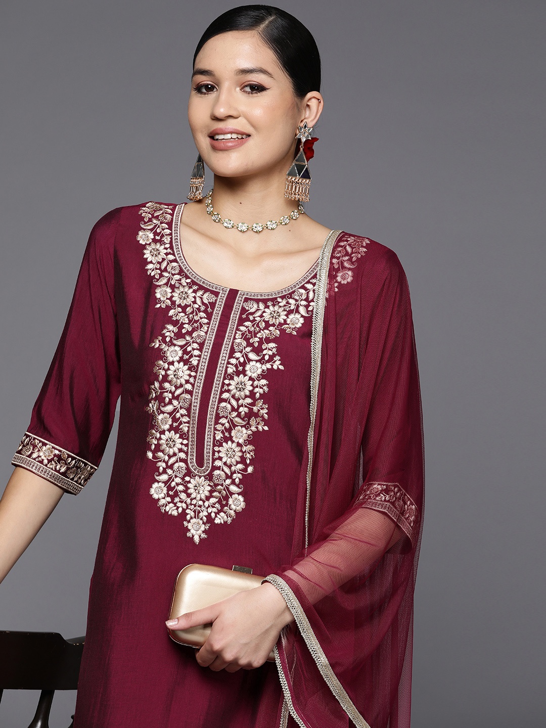 

Libas Burgundy Floral Embroidered Thread Work Kurta with Trousers & Dupatta