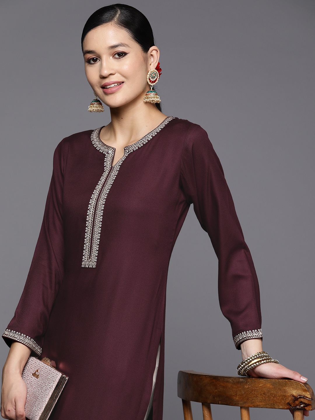 

Libas Women Wine Pashmina Wool Embroidered Detail Straight Kurta, Burgundy