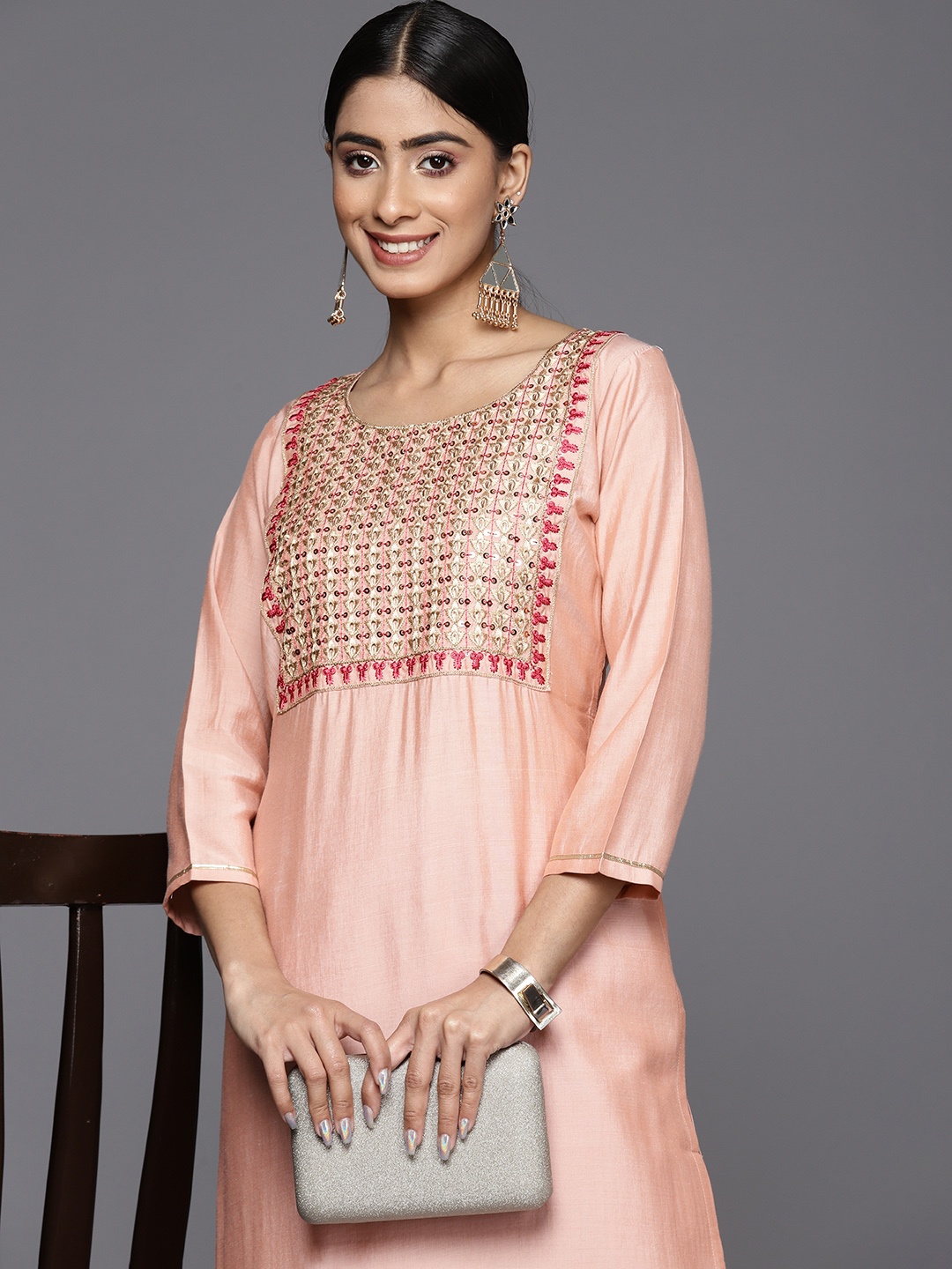 

Libas Embroidered Yoke Design Silk Blend Kurta, Peach