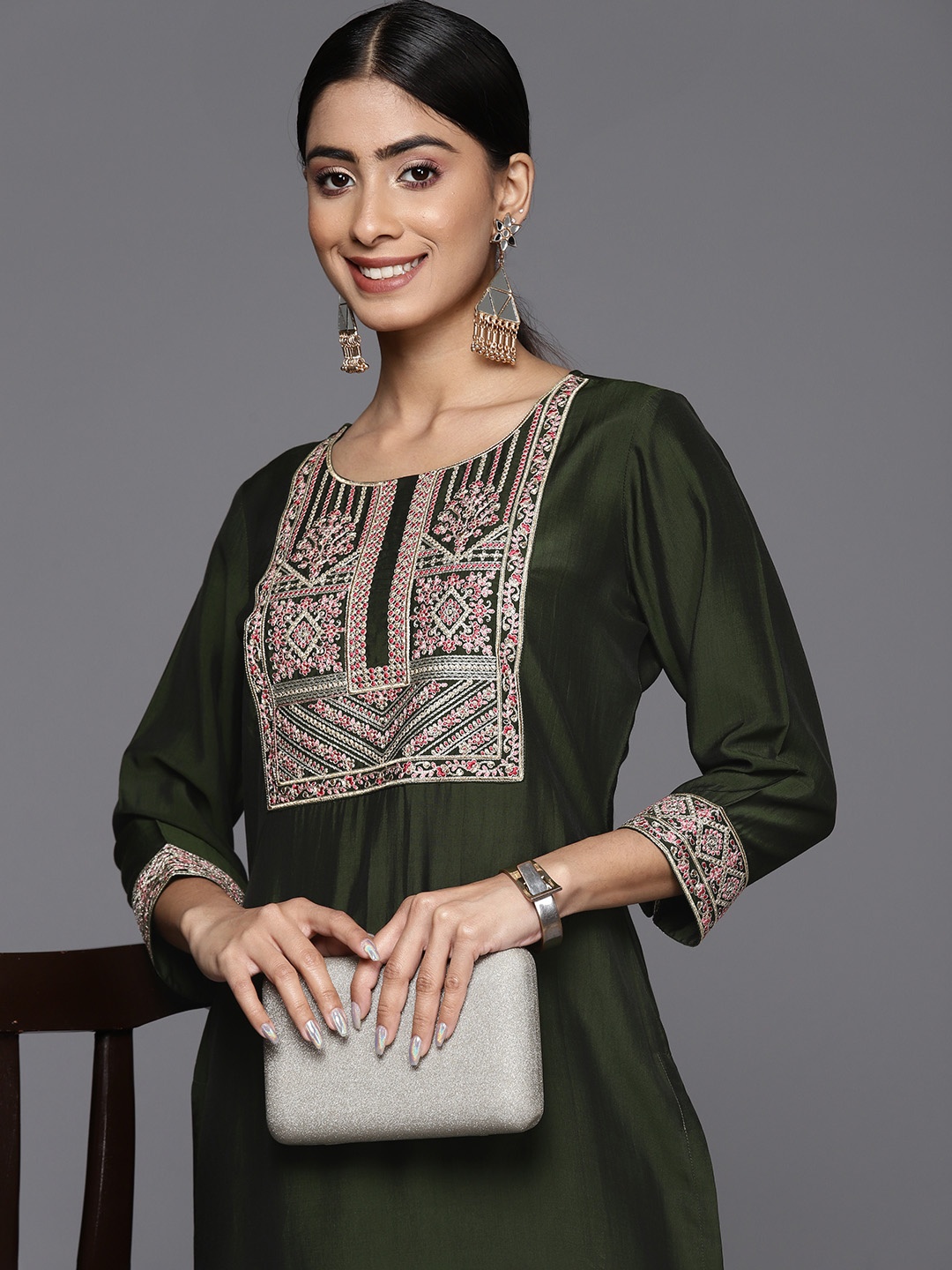 

Libas Ethnic Motifs Yoke Design Thread Work Kurta, Green