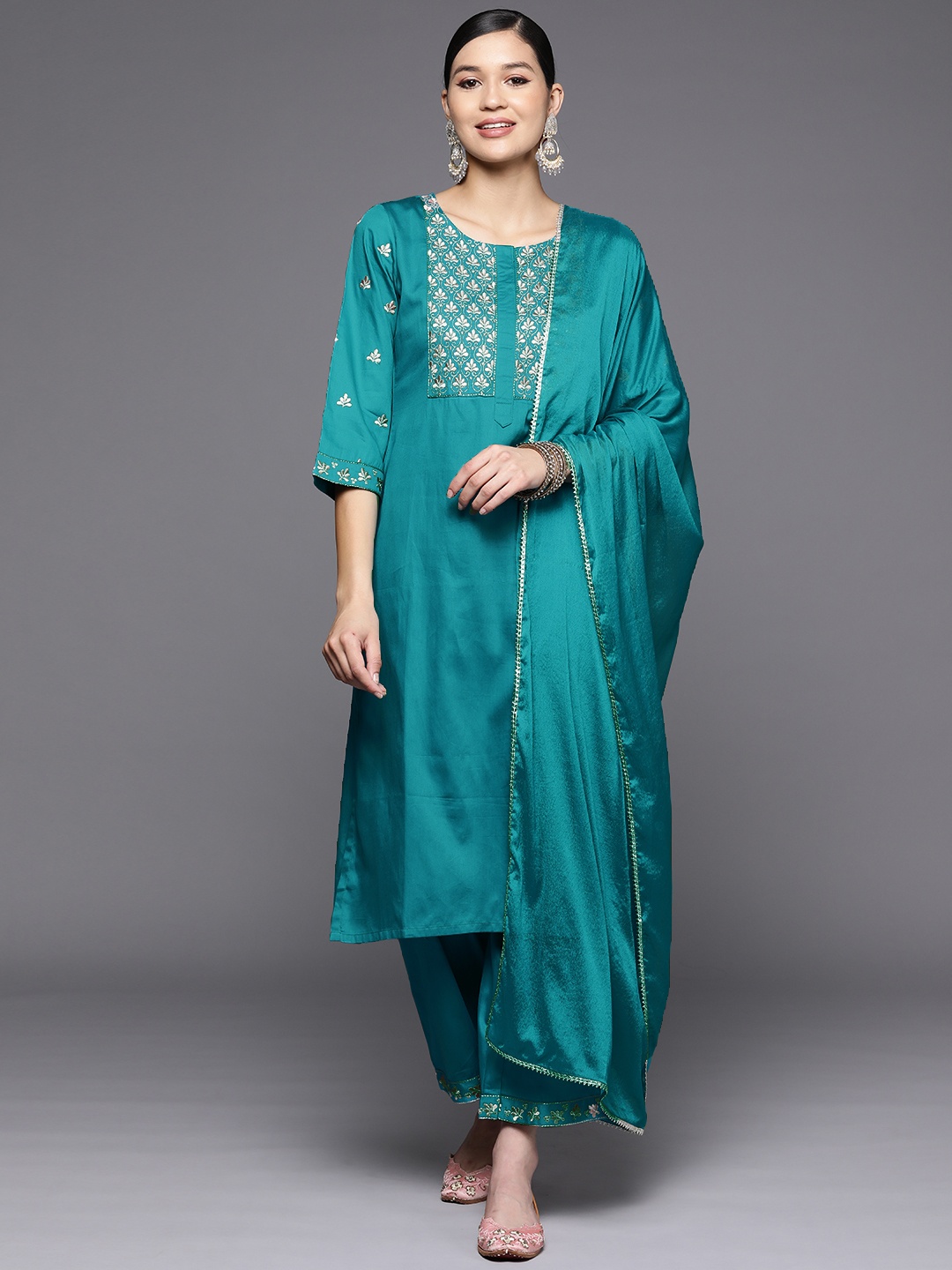 

Libas Blue Floral Yoke Design Thread Work Kurta with Palazzos & With Dupatta