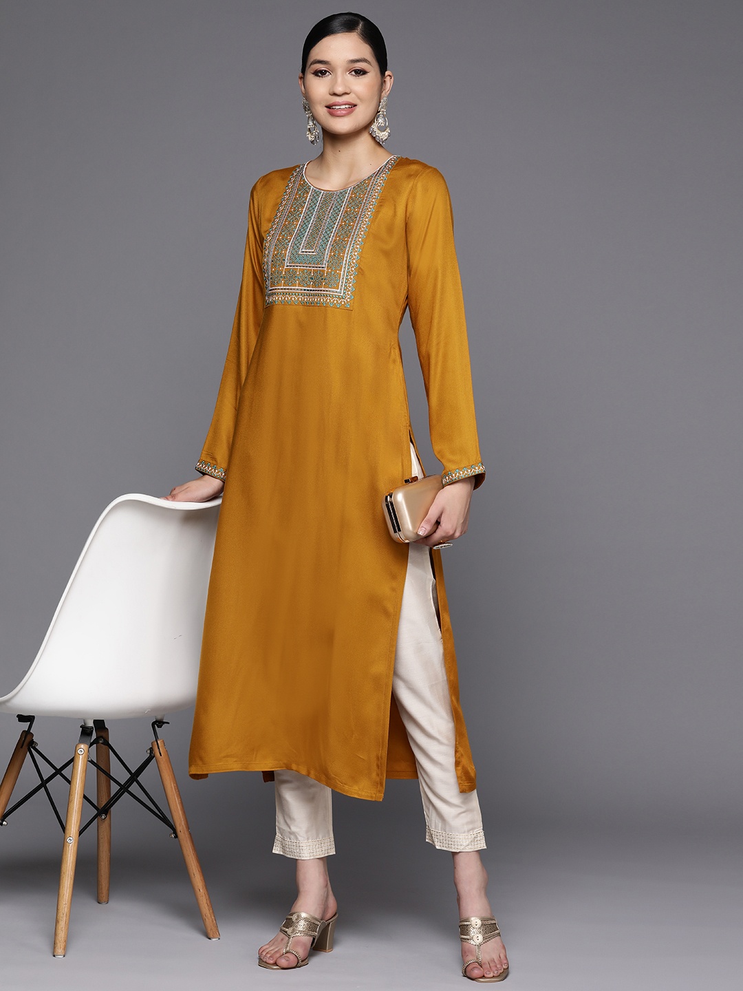 

Libas Women Mustard Pashmina Wool Floral Embroidered Yoke Detail Straight Kurta